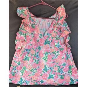 Lilly Pulitzer XL Ruffle Flutter Sleeve Top Pink Floral Tropical Sleeveless